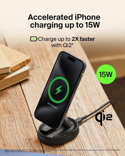 Belkin Convertible Magnetic Charging Stand 15W - MagSafe-Compatible Fast Qi2 Charger for Apple iPhone 15, 14, 16, 16 Plus, 16 Pro, 16 Pro Max, Airpods Pro, & More - Black