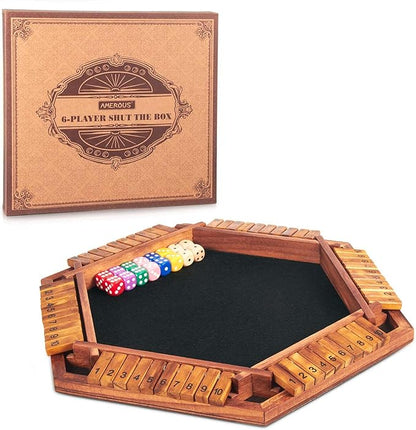 AMEROUS Upgraded 1-6 Players Shut The Box Dice Game Wooden Board Table Math Game with 16 Dice for Kids Adults Family Classroom Home Party or Pub