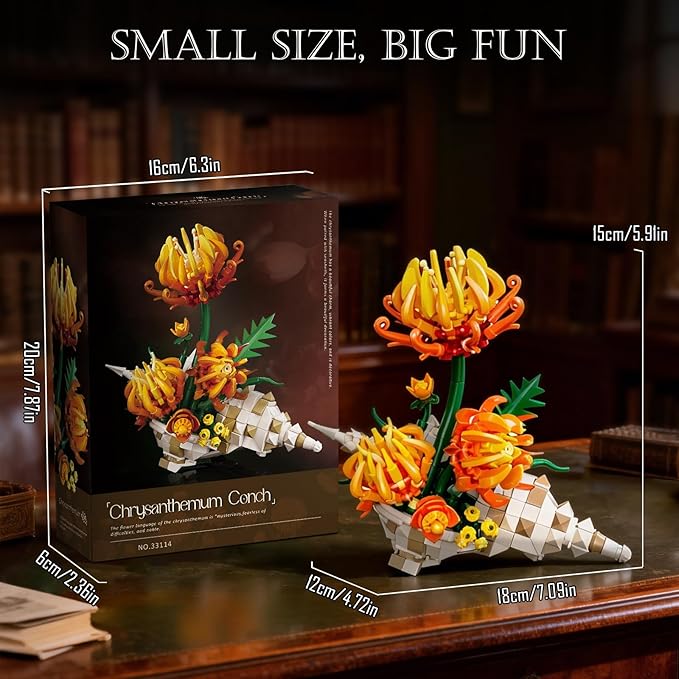 Chrysanthemum Building Set MOC Chrysanthemum Botanicals &amp Conch Model Kit for Home Office Decor Artificial Flower Gift Toy for Adults Woman 14+ (585PCS)