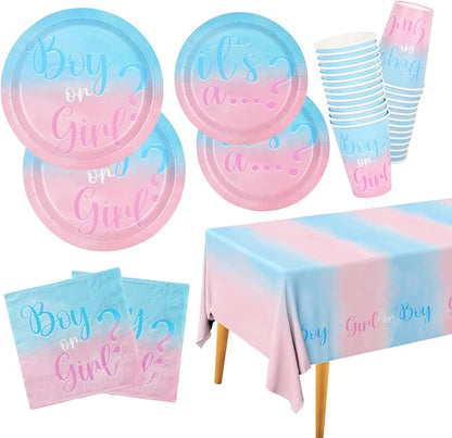 Baby Gender Reveal Party Supplies Boy or Girl Disposable Paper Plates Napkins Cups Tablecloth for Baby Shower Decorations Serve 25