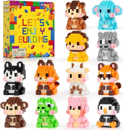 HIGH GODO Animal Party Favors Building Blocks 12 Pack Mini Animals Building Set Goodie Bag Stuffers Classroom Small Prize Toys Gifts for Adults Teens Age 14+