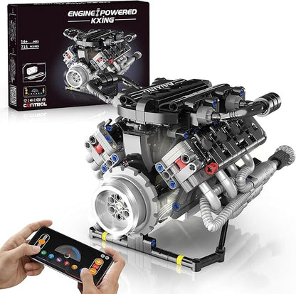 HIGH GODO V8 Engine Kit That Work Visible Car Engine Model Kit with Motor and Lights Build Your Own Car Engine Kit with App Control Kit STEM Project for Teens Adults 14+ (715 PCS)