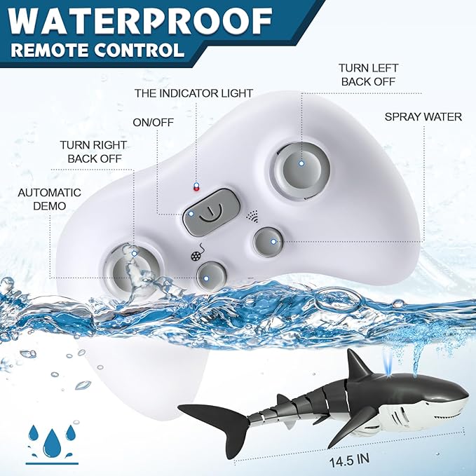 2.4Ghz Remote Control Shark Pool Toys for Boys KidsHighly Realistic Shark Pool Toys for KidsRC Boat Outdoor Water Toy with Light and Spray Water for Boys Girls Ages 6+ (with 2 Batteries)