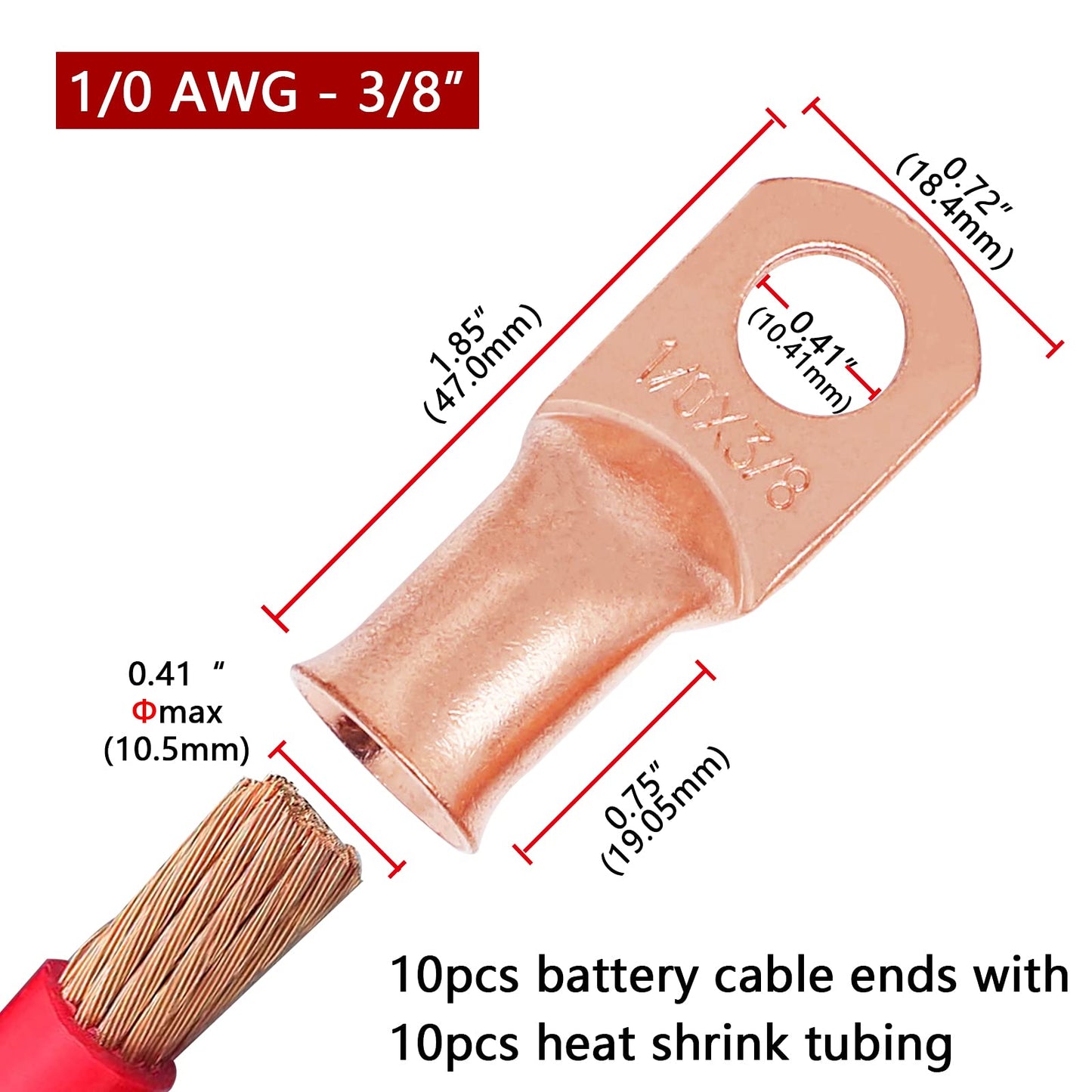 TKDMR 10pcs 1/0 AWG-3/8 Battery Lugs,Heavy Duty Wire Lugs,Ring Terminals,Battery Cable Ends,0 Guage terminals,Battery Terminal Connectors with 10pcs 3:1 Heat Shrink Tubing