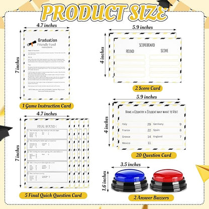 Graduation Friendly Feud Game with 2 Answer Buzzers Grad Feud Cards for Family Game Night Fun Trivia Quiz for Class Party Groups Clubs Team Building