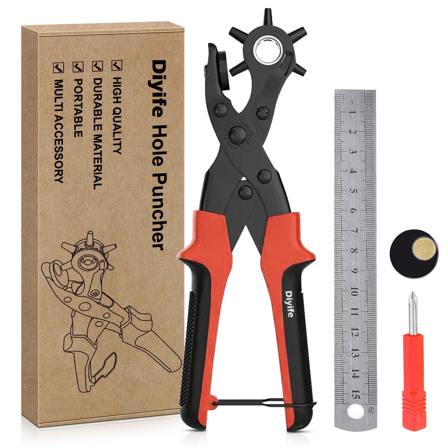 Diyife® Leather Hole Puncher, Full Set Punch Tool Kits for Belt, Watch Band, Shoe, Crafting, Handbag Straps, Fabric, with Extra Punch Plates and Ruler, Multi Hole Sizes Make, Red