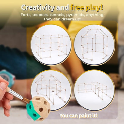 MIND KIDZ Wooden Fort Building Kit for Kids - STEM Montessori construction toy - 52 rods &amp 30 spheres Eco-friendly play set for boys &amp girls