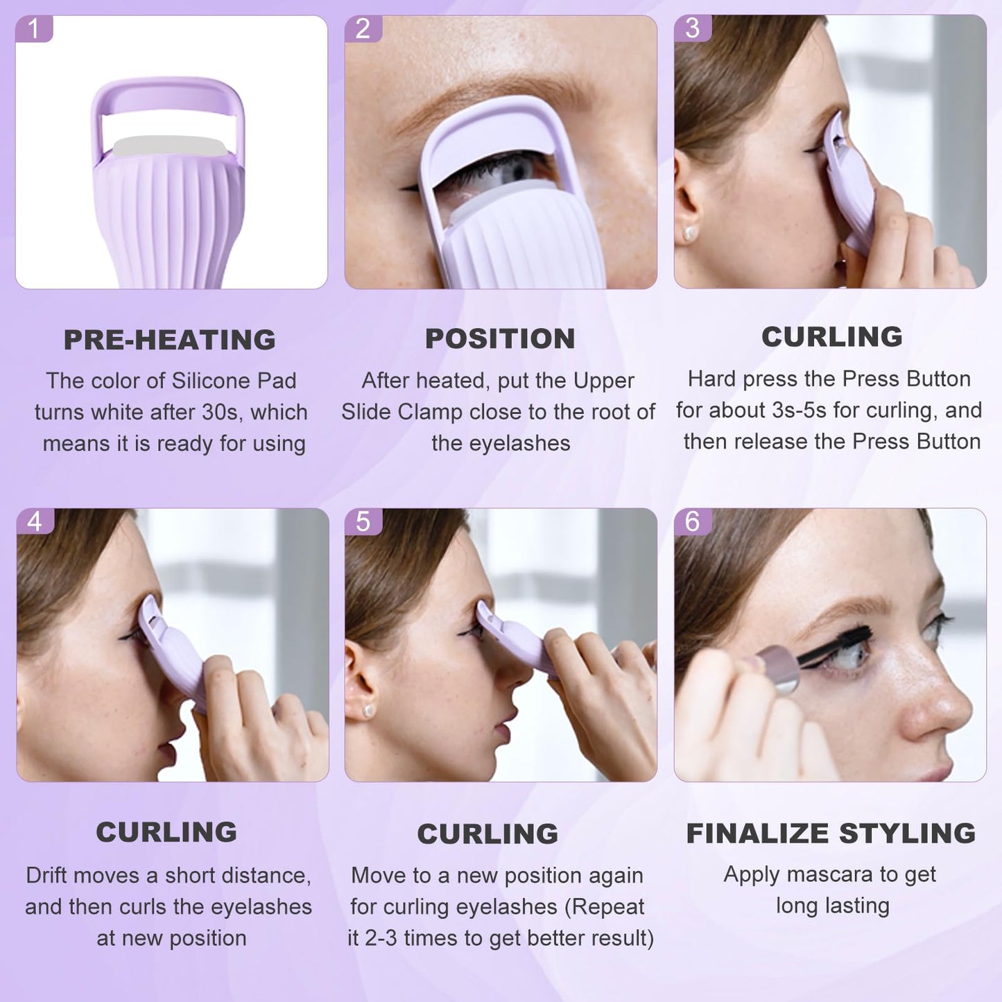 HEBECA Heated Eyelash Curlers, Electric Eye Lashes Curler with Innovative Heating Silicone Pad for Lifted Lashes 24 Hours, No Pinching, Quick Rechargeable 600mAh Battery Purple EC2001