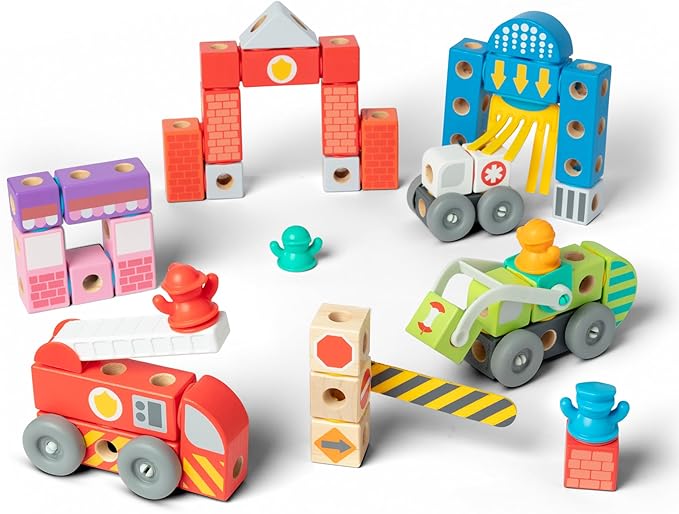 Melissa &amp Doug Blockables™ Deluxe City Snap and Play Mix and Match Connectable Wooden Building Blocks Set with Storage Bin and Play Lid (122 Pcs) Ages 2 to 7- FSC Certified
