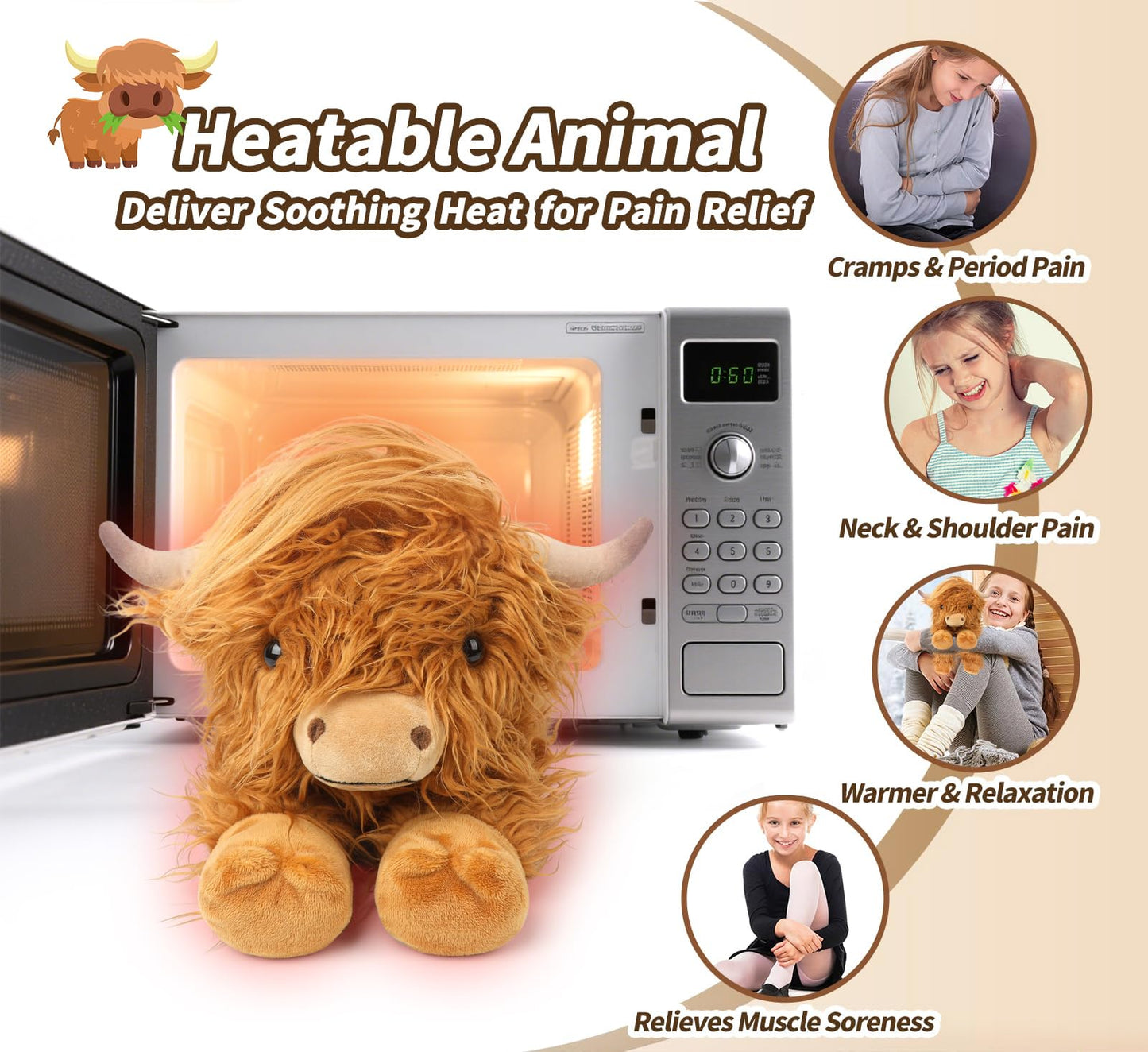 Highland Cow Stuffed Animals, Microwavable Stuffed Animals Heating Pad for Cramps, Pain Stress Relief, Heatable & Coolable Lavender Scented Cow Plush Toy for Anxiety, Women Kid Bedtime Highland Cattle