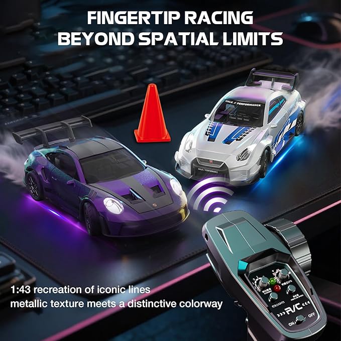 1/43 Scale RC Drift Car Mini 911 RC Model Car 2.4GHz 4WD RC Alloy Vehicles with Gyro &amp LED Lights for Adults Hobby Toys (Silver)