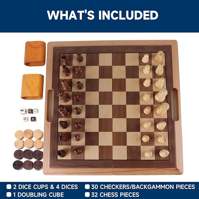GSE Games &amp Sports Expert 16 Deluxe 3-in-1 Wooden Folding Chess Checker &amp Backgammon Board Game Combo Set Portable Travel Game Set for Kids &amp Adults