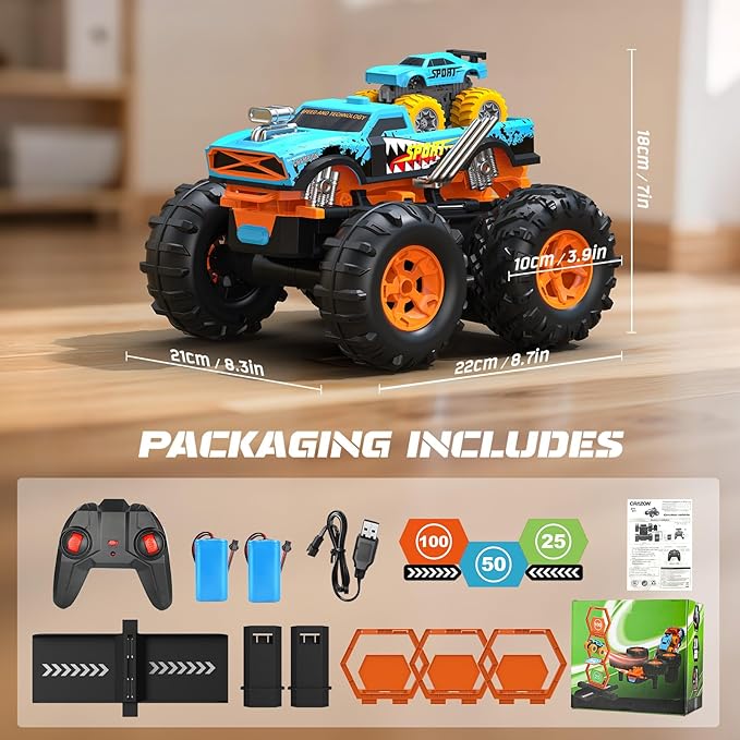 2-in-1 Remote Control Car with Transform Launcher Track – 1:16 RC Monster Truck Toys 2.4GHz Self-Standing 360° Flips Towing Mini Cars &amp Electric Scoring Gate Truck Gift for Kids Boys Girls Age 4-