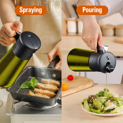 Glass Olive Oil Dispenser for Kitchen, 2 In 1 Oil Dispenser Bottle & Oil Sprayer for Cooking, Auto Flip Cap, 18oz Black (Light Blockage)