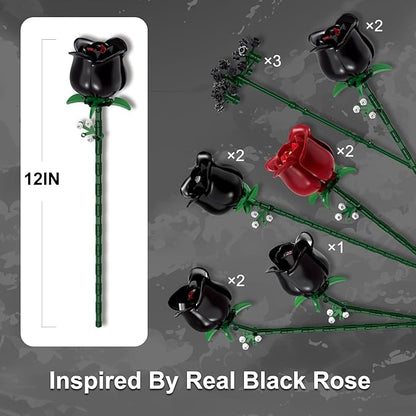 ENJBRICK 12 Pack Gothic Black Roses Building Set Compatible with Lego Red &amp Black Flower Bouquet with Baby's Breath Unique Romantic Gifts for Women Aesthetic Home Decor
