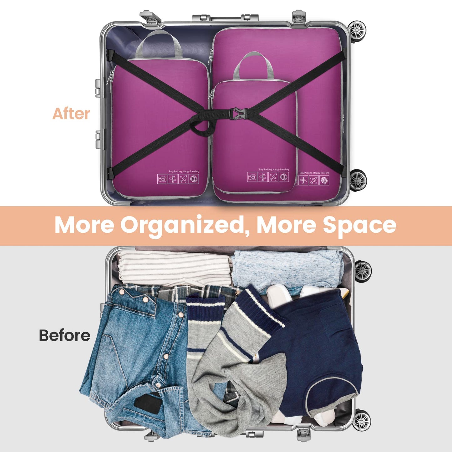 Cambond Compression Packing Cubes for Travel Women - 4 Pack Luggage Packing Organizers Vacation Travel Essentials Accessories Bags Compression Cubes for Carry on Suitcases, Purple
