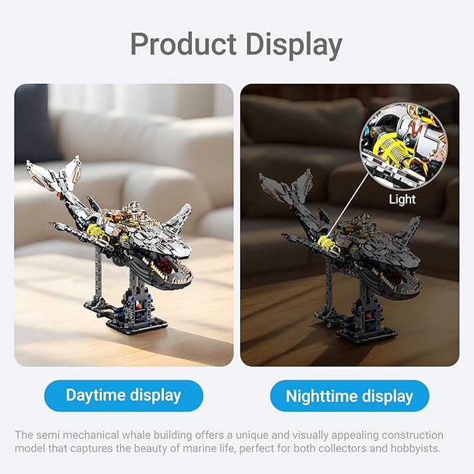 Mechanical Whale Building Set Sea Animal Building Block Toy Movable Ocean Animal with Display Stand Home Decor Gift for Adults Teens（1388PCS）