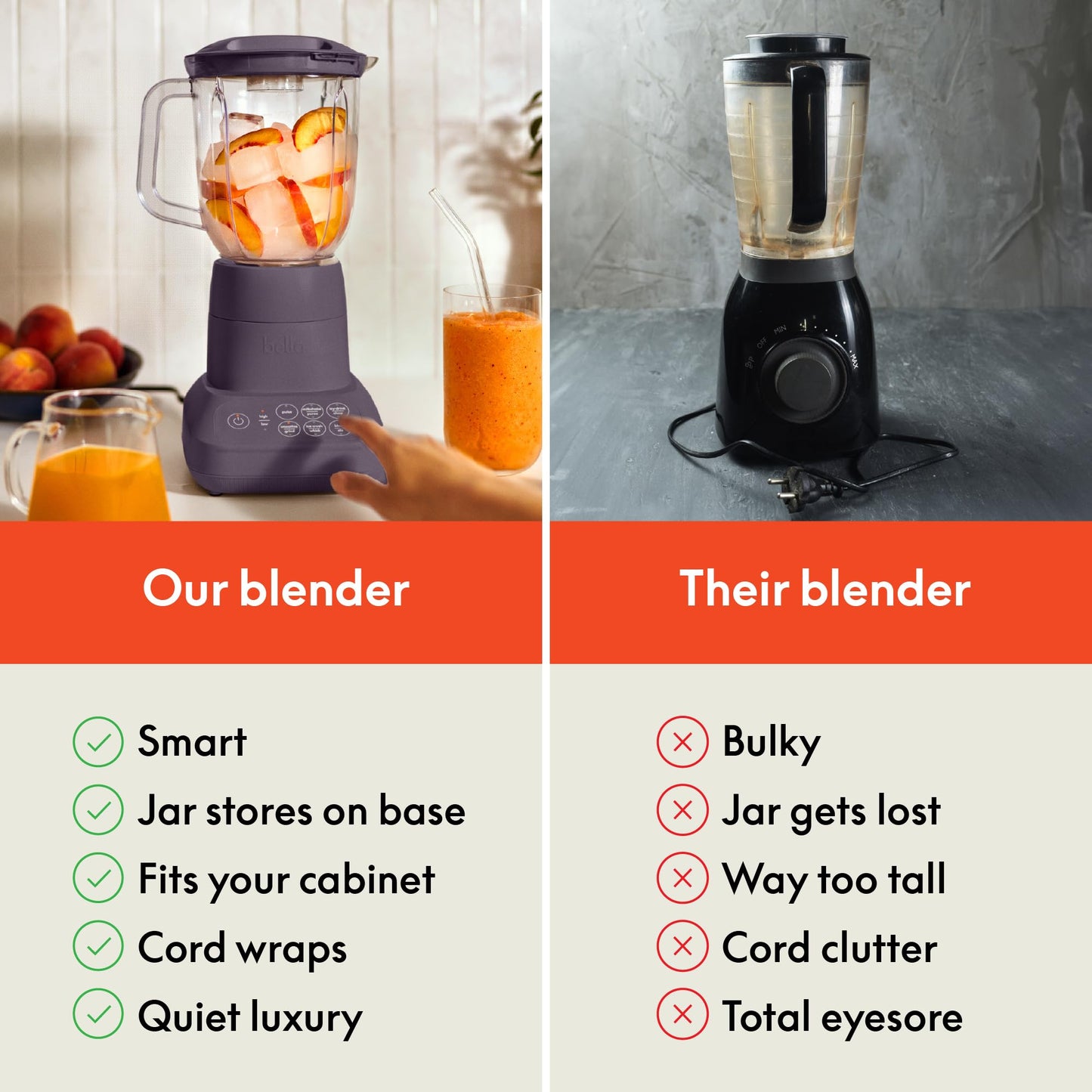 bella 10 Speed Countertop Blender, Juicer & Smoothie Maker, Fits-anywhere™ Kitchenware, Slim Flip & Store Design, Dishwasher Safe 48oz Capacity Pitcher & Lid, Stainless Steel Blade, 450 Watt, Plum