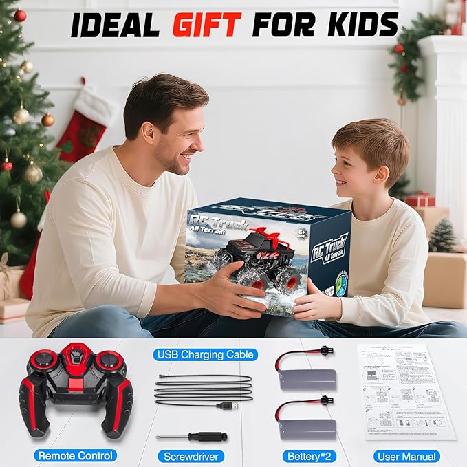 BainGesk Remote Control Monster Truck Toys 1:16 Amphibious Waterproof RC Car 2.4GHz 4WD All Terrain Toys with 2 Rechargeable Batteries Off-Road Truck Gifts for 6 7 8 9 10 11 12 Year Old Boys