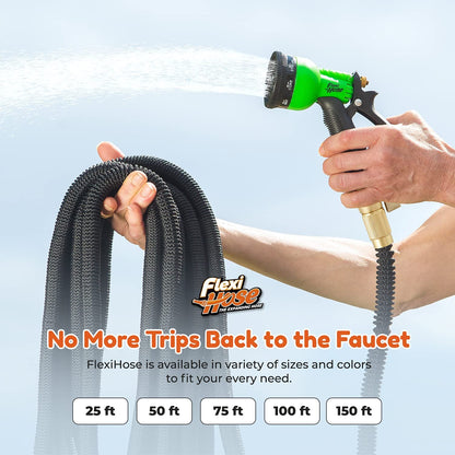 Flexi Hose with 8 Function Nozzle Expandable Garden Hose, Lightweight & No-Kink Flexible Garden Hose, 3/4 inch Solid Brass Fittings and Double Latex Core, 75 ft Black