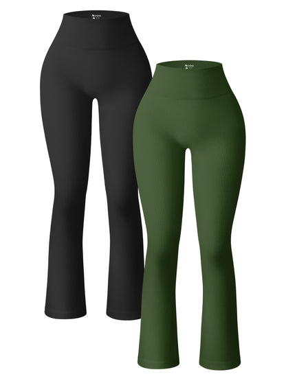 OQQ Women's 2 Piece Yoga Pants Ribbed Seamless Workout High Waist Bell Bottoms Flare Leggings
