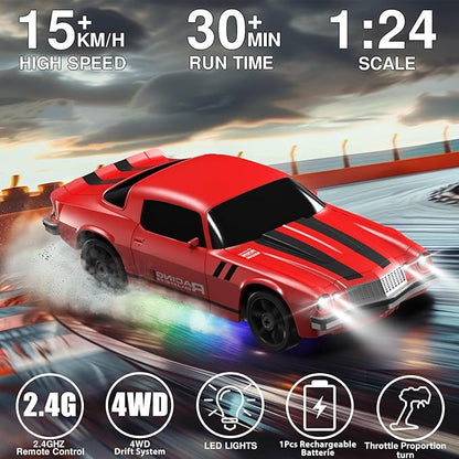 RC Drift Car 1:24 Remote Control Car 4WD 15KM/H High Speed Racing Sport Car with LED Lights RC Cars Toy for Kids Boys Girls Adults Gifts Birthday Christmas Rechargeable Batteries