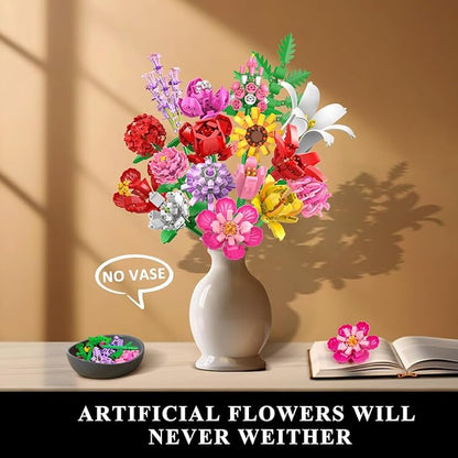 Flower Bouquet Building Set Valentines Day Botanical Collection Building Block Toy 1464 PCS 18 Flowers Rose Sunflower Home Plant Decor Birthday Gifts for Adults Women Boys Girls 8-12+