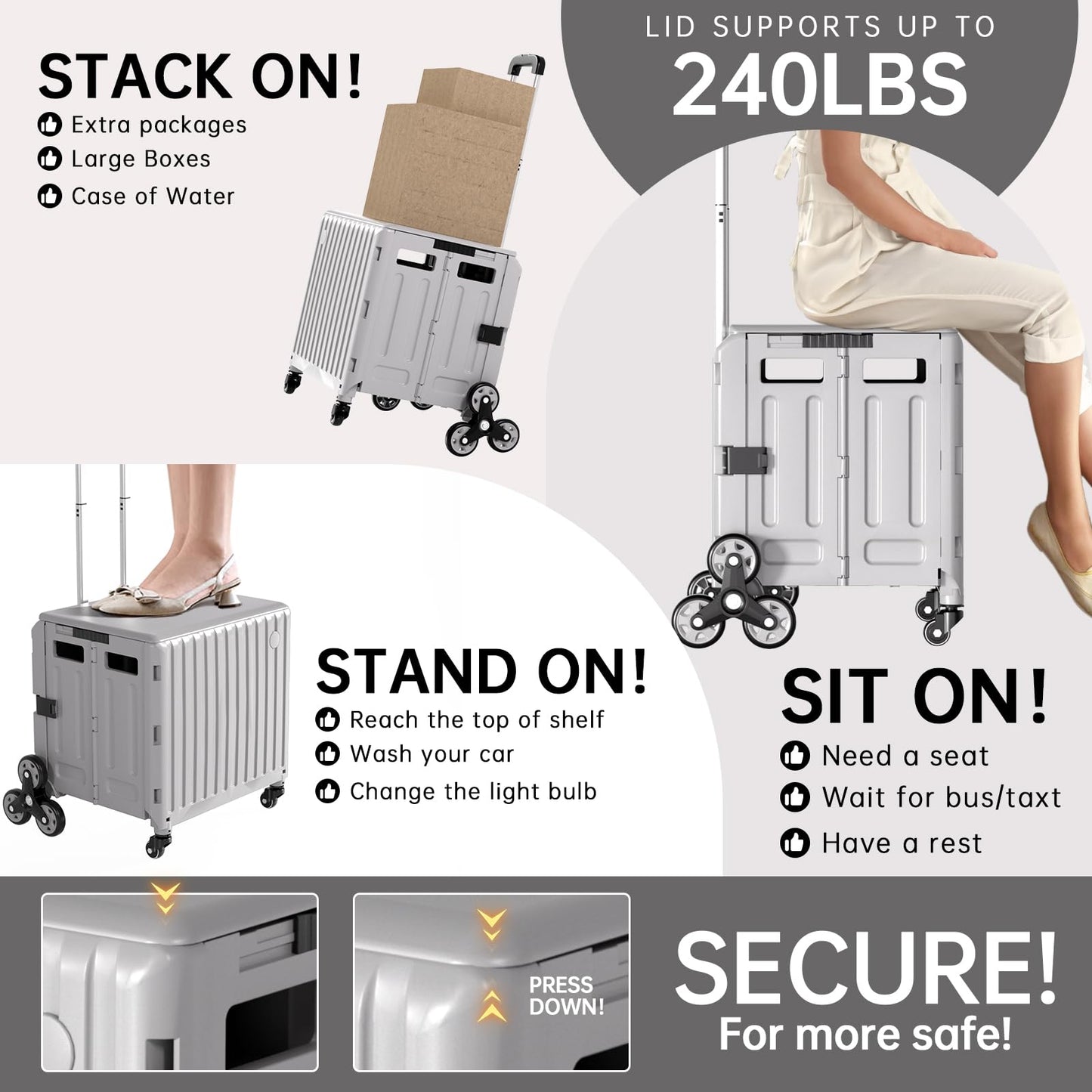 TODAYGO Stair Climbing Cart with Wheels: Collapsible Rolling Cart for Teachers School Supplies Books Art Projects Grocery Trade Shows & Stairs Foldable Utility Organizer with Lid Crate Basket Shelves