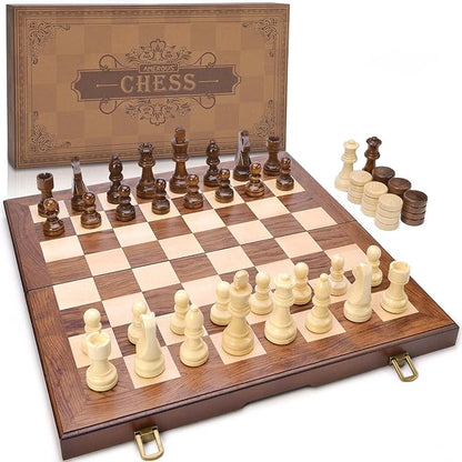 AMEROUS Wooden Chess &amp Checkers Set with Upgraded Weighted Chess Pieces 15 Inches (2 in 1) Chess Board Games for Kids Adults w/ 2 Extra Queens / 24 Cherkers Pieces/Gift Package