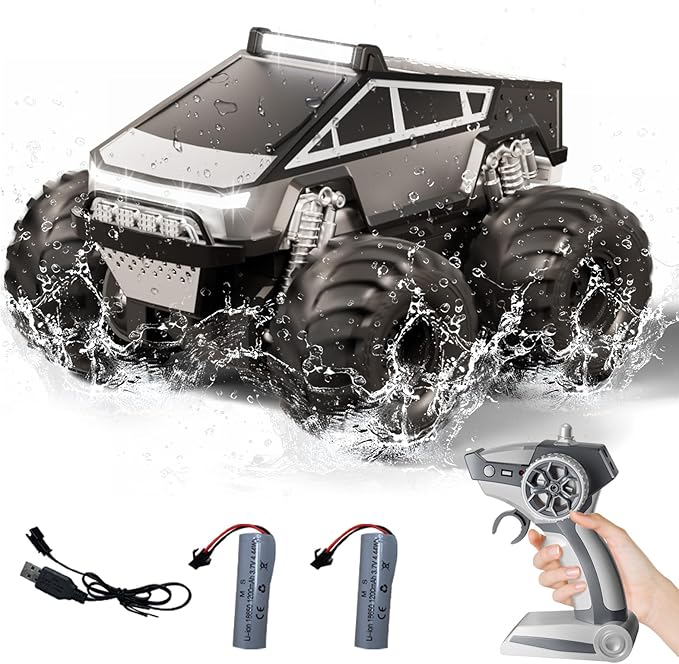 Amphibious Remote Control Car 1:18 RC Off-Road Monster Truck Toys for Boys4WD All Terrain Off-Road Pickup 2.4 GHz RC Vehicles Waterproof RC Trucks Christmas Birthday Gifts for Boy Girl (Grey)
