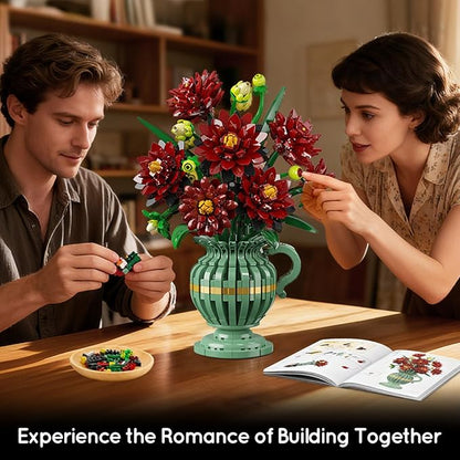 Dahlia Flowers Building Set with Vase Easter Flower Bouquet Botanical Collection Building Block Toy 1482 PCS Gothic Artificial Plant Bonsai Kit Gift for Her Adults Kids Girls 12+