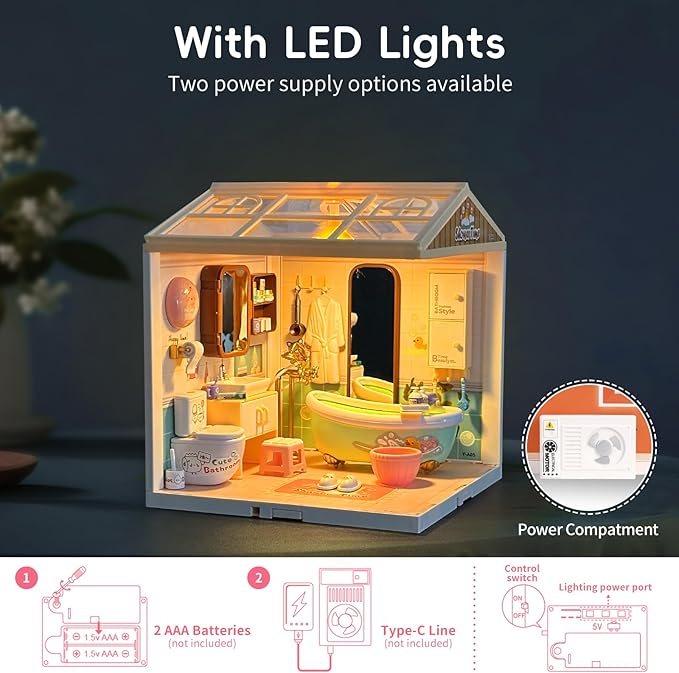 LED Building Blocks for Adults 1:24 DIY Miniature Dollhouse Kits with Roof &amp Dustproof Cover Tiny House Toy Building Sets for Kids Ages 8-12-15 Birthday Hobbies Gift for Men Women Boy Girl