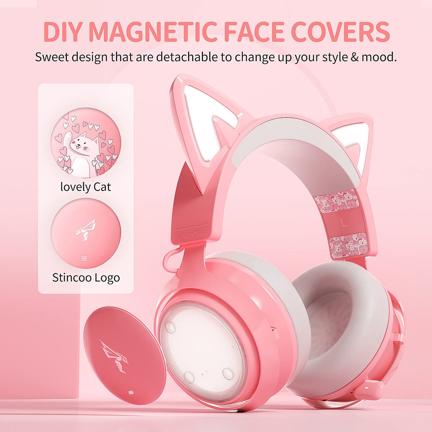 SOMIC GS510 Gaming Headset, Cat Ear Headset PC Gaming Headphones with Retractable Mic Noise Cancelling, Stereo Sound, DIY Face Covers for PC, PS4, PS5,Xbox One(Only White LED Light)-Pink