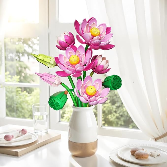 Lotus Flowers Botanical Building Set with Vase Compatible with Lego Flowers Botanicals Collection Pink Artifcial Flower Bouquet with Vase for Indoor Outdoor 710 PCS