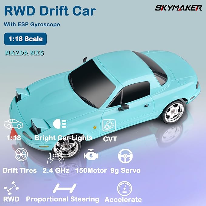 Skymaker LD1804 1/18 Scale RWD RC Drift Car 2.4G Miata RC Car for Adults with ESP Gyro Pop-up Lights 2 Batteries &amp LDRC Parts Blue
