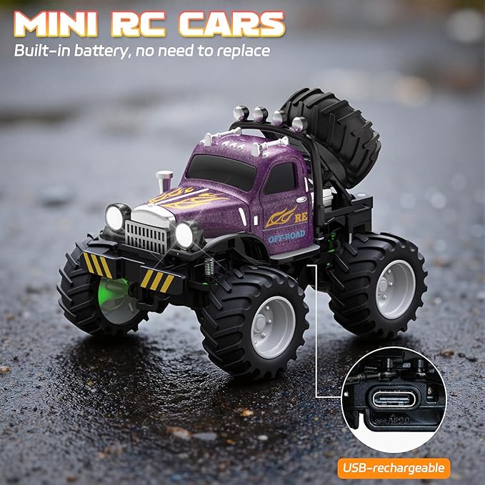 Snugzy Mini RC Car 1:64 Scale RC Truck for Kids with Trailer 2.4Ghz Remote Control Rechargeable RC Cars Toy Gifts for Boys Girls Adult (Purple)