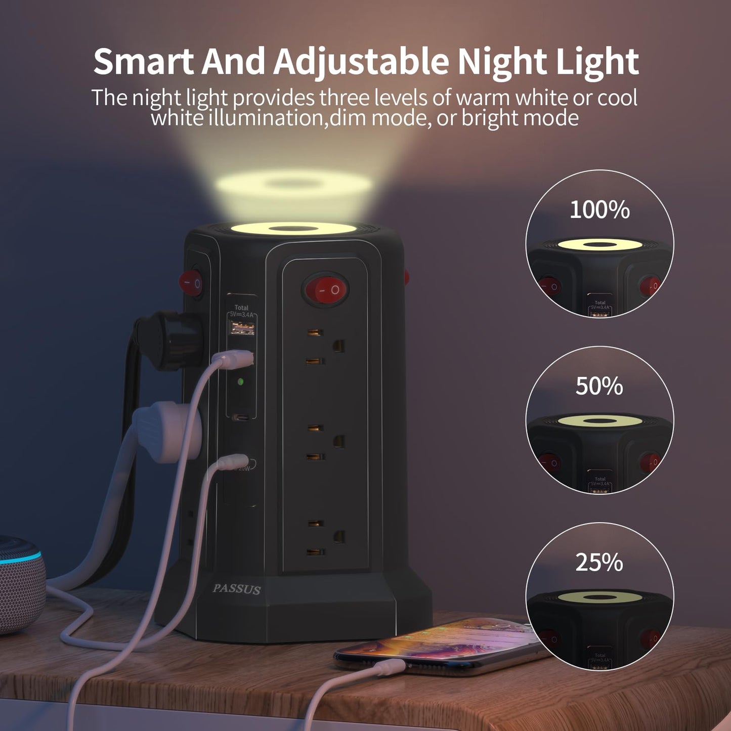 Long Surge Protector Power Strip 16 FT Cord, PD20W USB C Power Strip Tower with Night Light, Extension Cord with Multiple Outlets with 4 USB Ports, PASSUS Charging Station Home Office Essentials Black