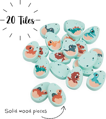 Janod Dino - Dinosaur Memory Game - 20 Wooden Dino Eggs with 10 Prehistoric Pairs - Cooperative or Competitive Early Learning Game - Ages 2-5 Years - J05826