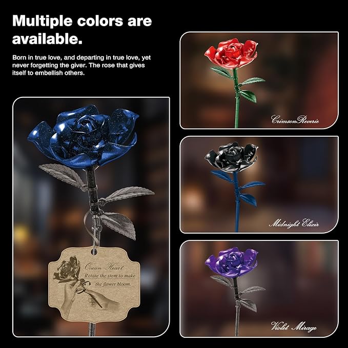 Rose Rotating Everlasting Flower Building Set (866PCS) Compatible Artificial Bouquet Elegant Home/Office Decor Accent for Tabletop Display Long-Lasting Home Decoration (Blue)