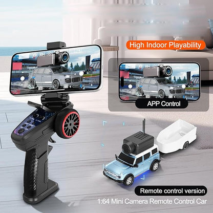 GoolRC WLtoys 6405-C Mini RC Car 2.4GHz 1:64 Scale FPV Remote Control Car with Camera 720P and Gyro APP Control Vehicle with 2 Trailers and LED Lights for Adults (Blue)