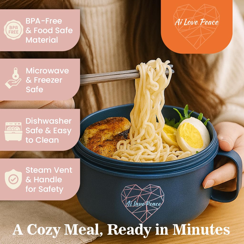 AI LOVE PEACE Ramen Bowl, 40 oz Microwaveable Noodle Cooker for Ramen, Pho, Soup, and Pasta, Dishwasher Safe and Portable, Ideal for Home, Office, Dorm, or Gift (Pink)
