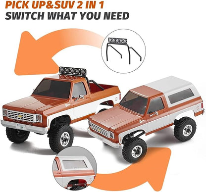 FCX24 FMS 1/24 K5 Chevy Blazer RC Crawler Officially Licensed Mini RC Car Pick Up Truck &amp SUV 2 in 1 4WD 8km/h 2 Speeds Switch Off-Road RC Model with LED Lights for Adults (Orange)