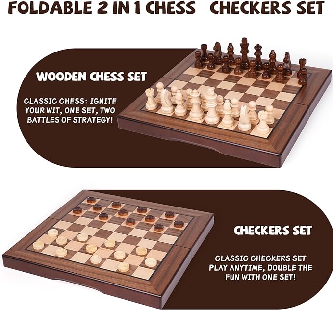 2 in 1 Magnetic Wooden Chess and Checkers Board Game Set 12 Folding Chess Boards Portable Travel Chess Sets with Pieces Storage Slots Beginner Chess Game Set for Kids and Adults