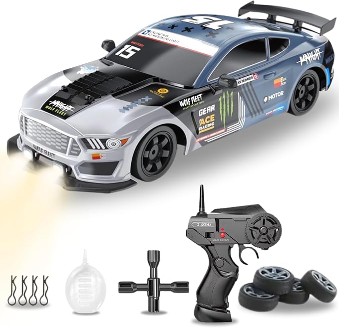 Liberty Imports RC Drift Car 1/16 2.4GHz 4WD Remote Control Sport Racing On-Road Vehicle with LED Light Batteries and Drift Tires (Silver)