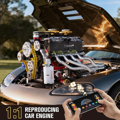 HIGH GODO V8 Engine Model Kit that Runs Mini Engine Building Set Visible Car Engine Model Kits with Motor Lights &amp App Control STEM Toys Gifts for Adults Teens Age 14+ (659 PCS)