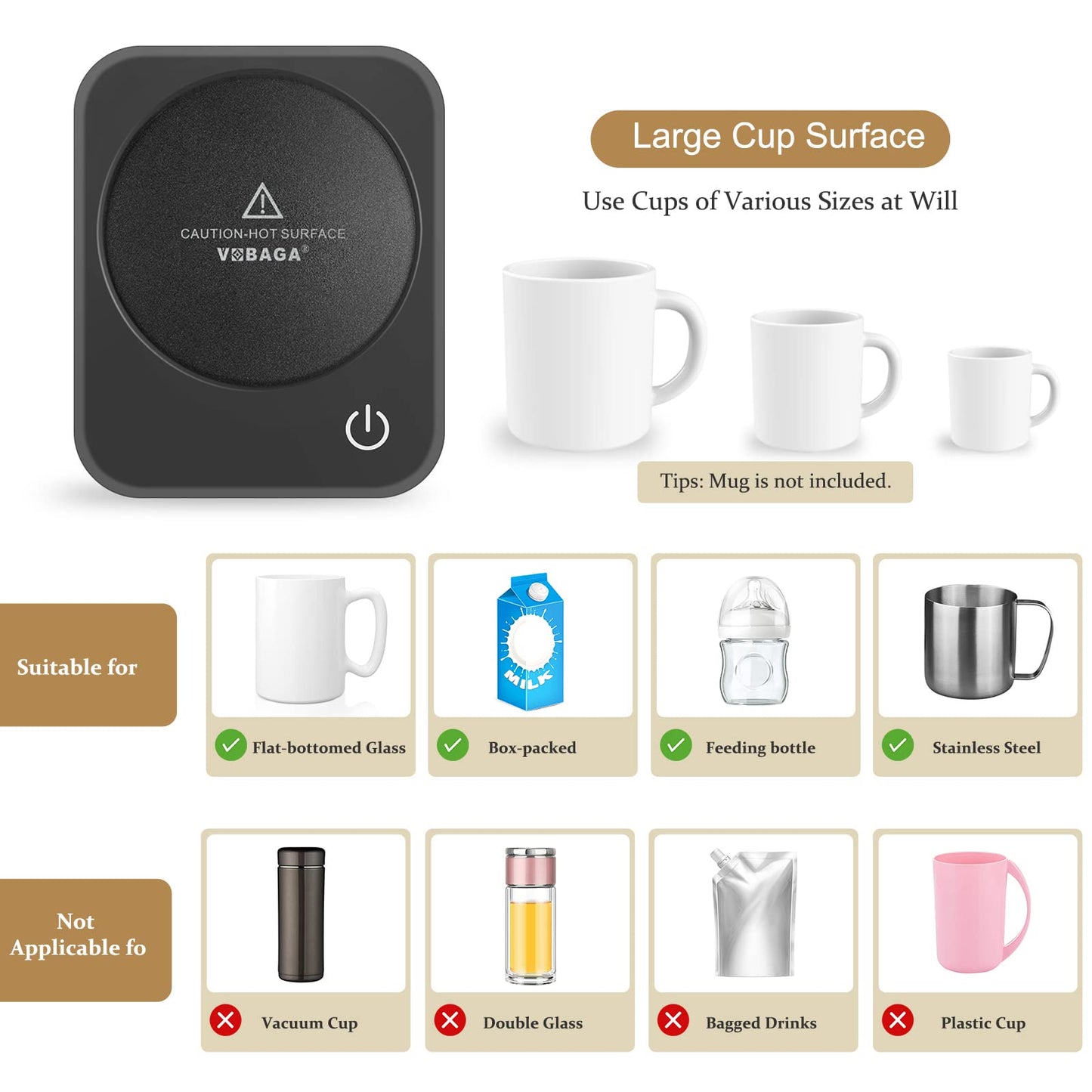 VOBAGA Coffee Mug Warmer for Desk with Auto Shut Off & 3-Temp Settings, Coffee Cup Warmer with Smart Safety Alert Home Office Accessory, Perfect for Coffee, Tea, Milk (No Mug)