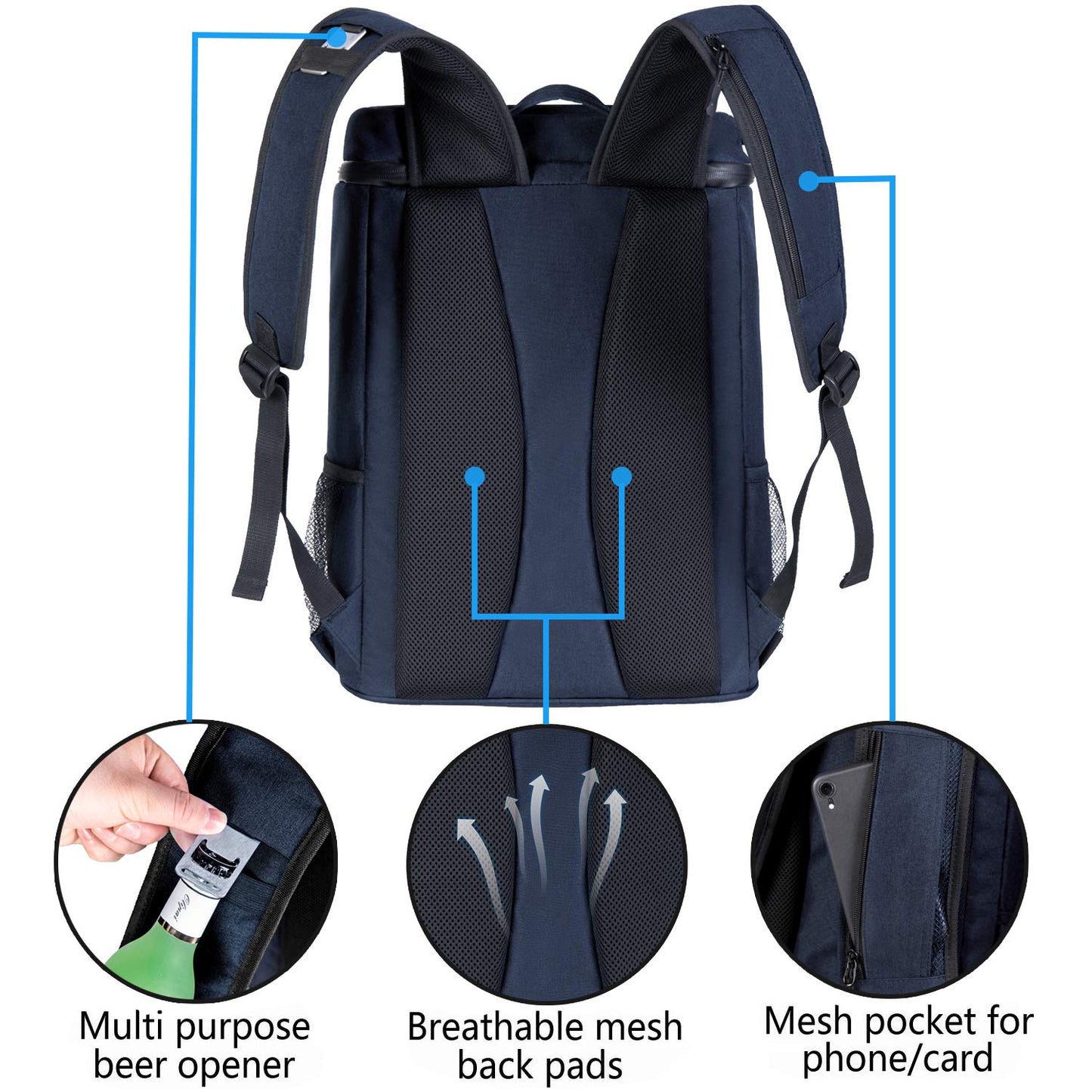 FORICH Backpack Cooler Leakproof Insulated Waterproof Backpack Cooler Bag, Lightweight Soft Beach Cooler Backpack for Men Women to Work Picnics Camping Hiking, 30 Cans(Blue)