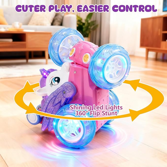 Unicorn Toys RC Car for Girls 4-6 Beginner-Friendly Cute Remote Control Toy - High-Speed All-Terrain 360°Flips Stunt &amp Cool Blinky Lights Ideal Christmas Birthday Gift for Age 3 4 5 6 7 8 - Purlpl