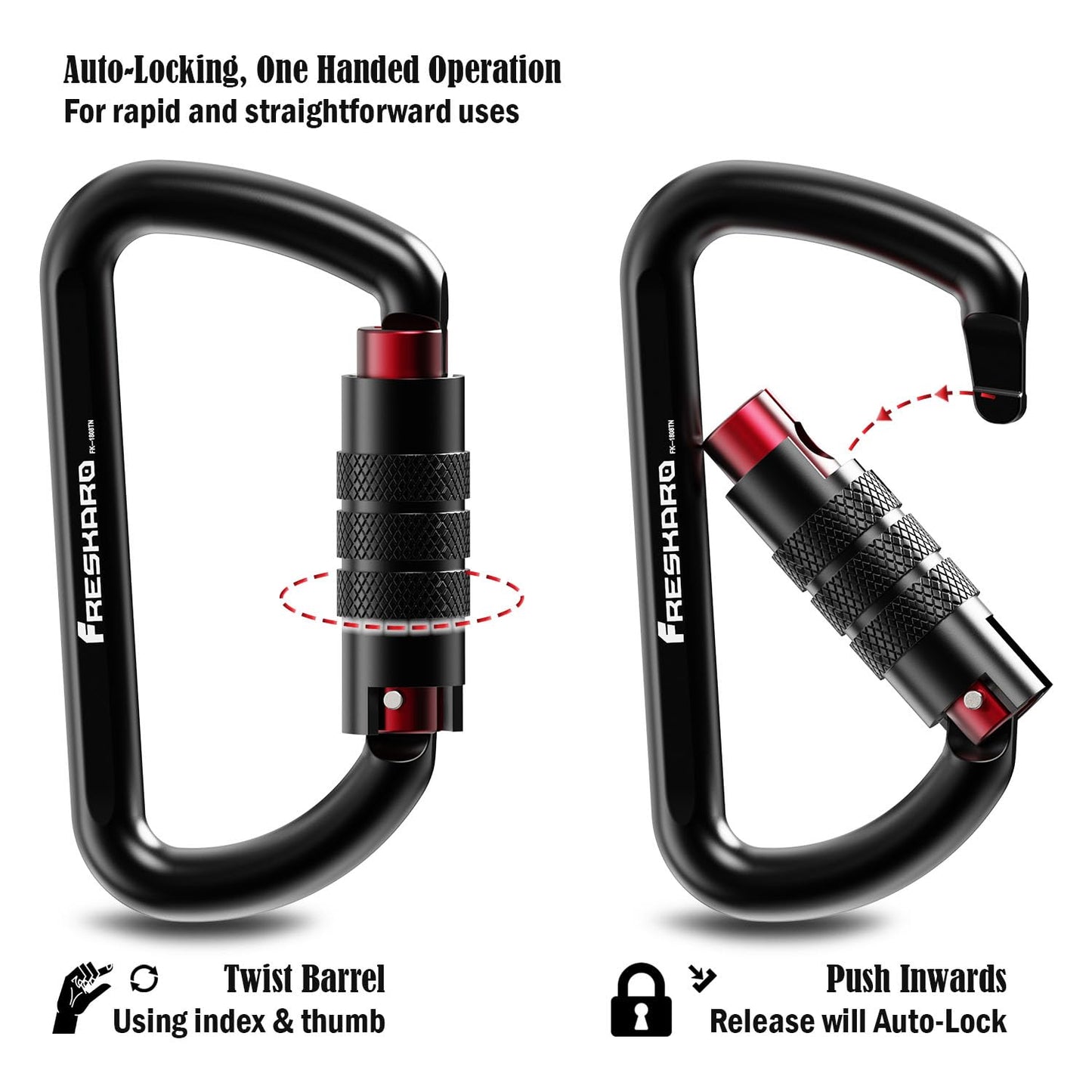 3 inch Locking Carabiner Clips-Twist Auto Lock Caribeener, Heavy Duty Keychain Key carabeaner Hooks, 7075 Aerial Aluminum Ultra Light, for Hammock, Hiking, Yoga Swing, Camping, Backpack, Black,3pack
