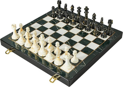 15 Large Chess Set for Adults with Extra 2 Queens Weighted Acrylic Pieces-3.5 King w/Leather Base Portable Folding Marbling Wooden Chess Board - Travel/Family Game &amp Elegant Gift